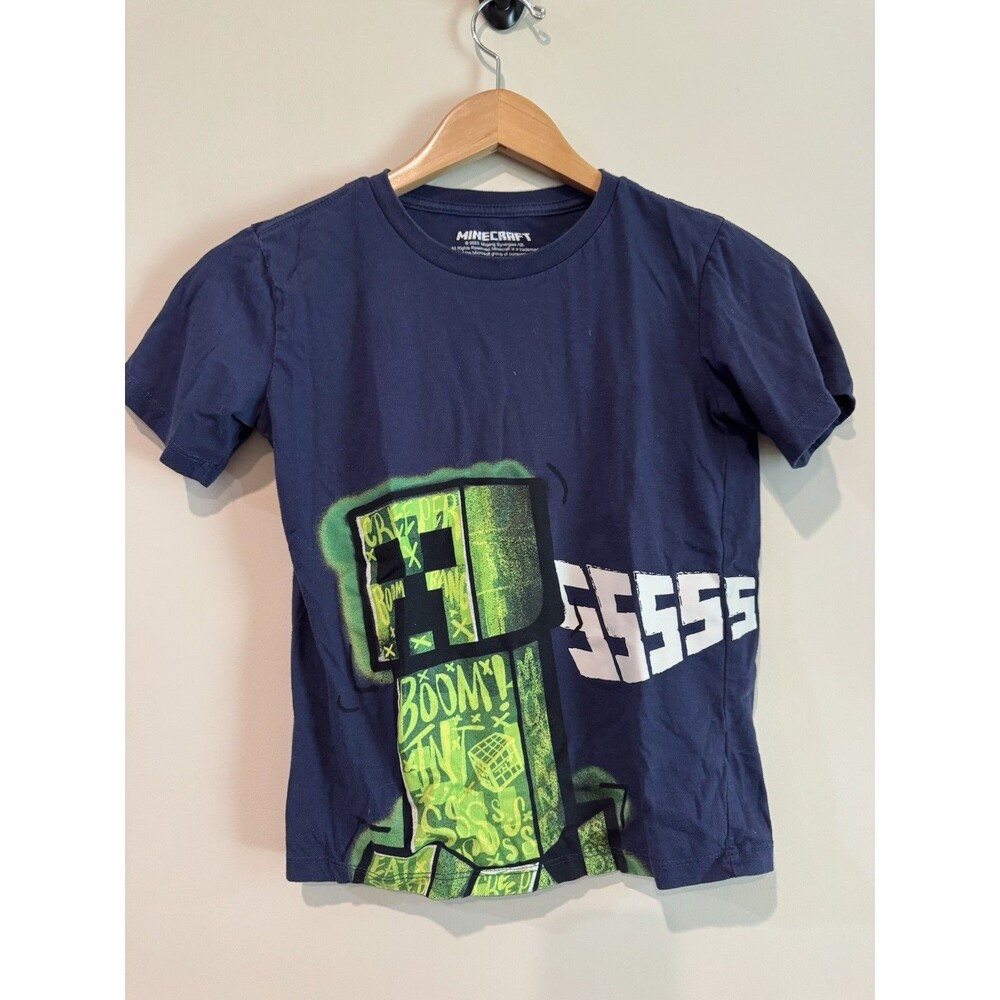 Minecraft Creeper Kids Graphic T-Shirt Blue Short Sleeve M (8) Cotton Blend